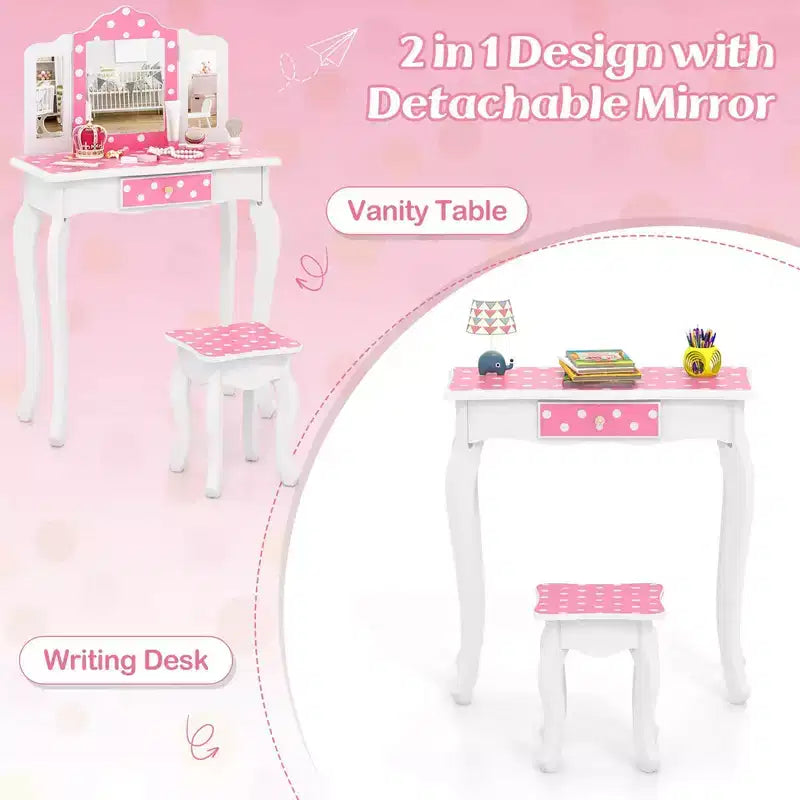 Coiffeuse enfant Costway et ensemble tabouret avec joli motif à pois, miroir triptyque, tiroir Rose et blanc/Rose clair et blanc/Rose et noir/Bleu/Rose