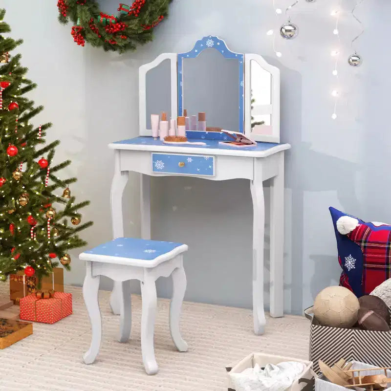 Coiffeuse enfant Costway et ensemble tabouret avec joli motif à pois, miroir triptyque, tiroir Rose et blanc/Rose clair et blanc/Rose et noir/Bleu/Rose