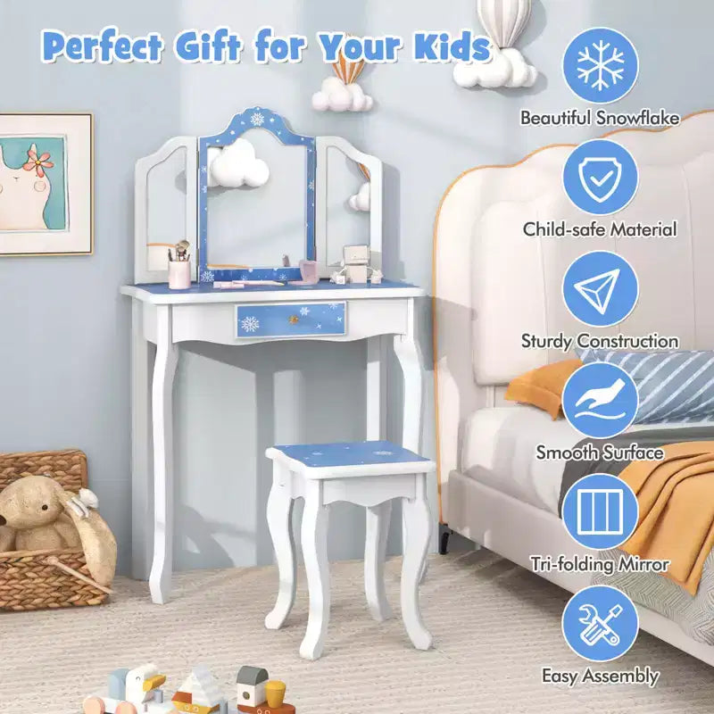 Coiffeuse enfant Costway et ensemble tabouret avec joli motif à pois, miroir triptyque, tiroir Rose et blanc/Rose clair et blanc/Rose et noir/Bleu/Rose