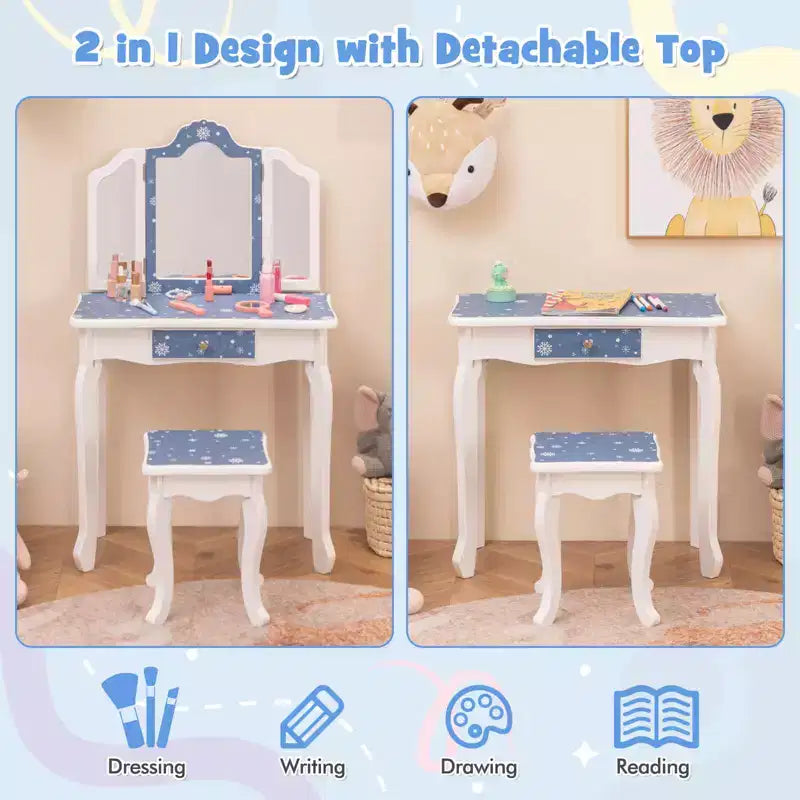 Coiffeuse enfant Costway et ensemble tabouret avec joli motif à pois, miroir triptyque, tiroir Rose et blanc/Rose clair et blanc/Rose et noir/Bleu/Rose