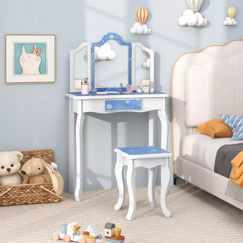 Costway Kids Vanity Table & Stool Set with Cute Polka Dot Print Tri-folding Mirror Drawer Pink&White/Light Pink&White/Pink&Black/Blue/Pink