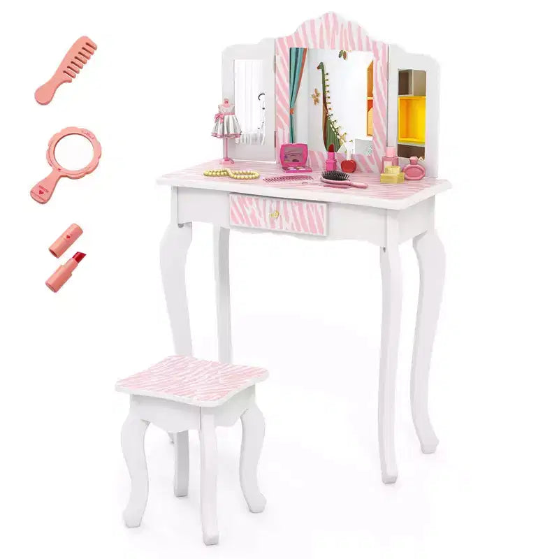 Coiffeuse enfant Costway et ensemble tabouret avec joli motif à pois, miroir triptyque, tiroir Rose et blanc/Rose clair et blanc/Rose et noir/Bleu/Rose