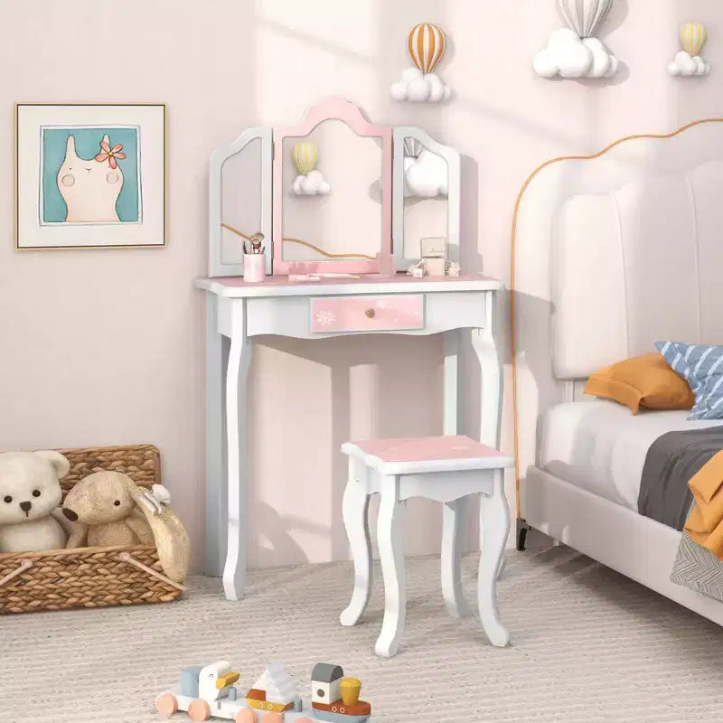 Coiffeuse enfant Costway et ensemble tabouret avec joli motif à pois, miroir triptyque, tiroir Rose et blanc/Rose clair et blanc/Rose et noir/Bleu/Rose