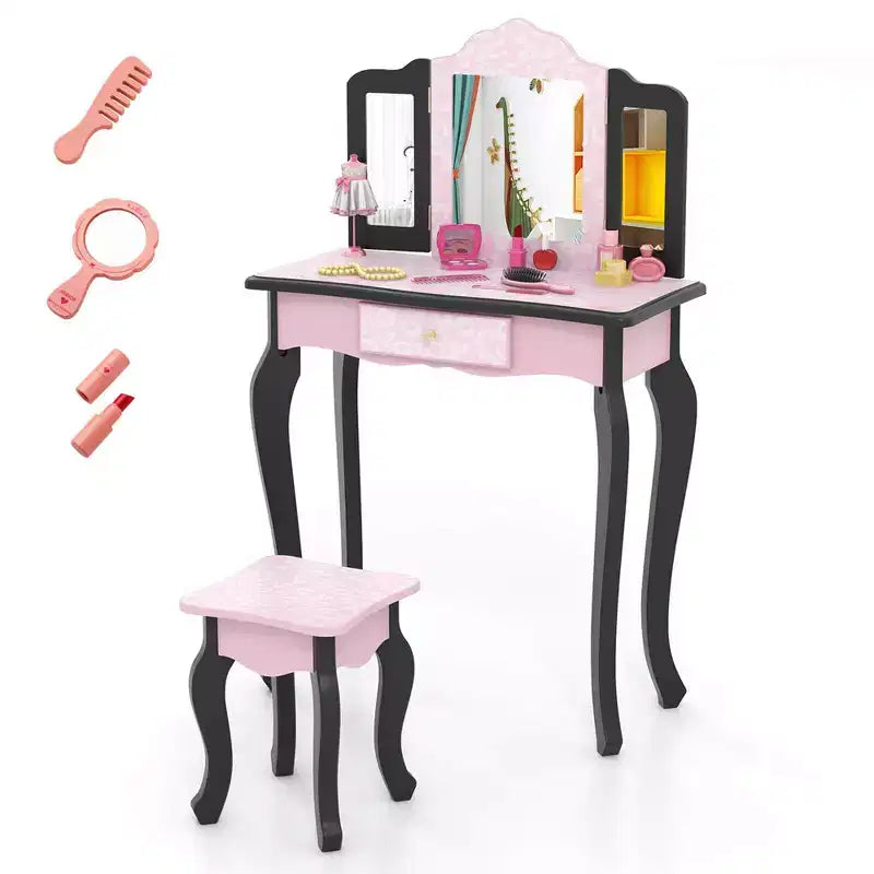 Coiffeuse enfant Costway et ensemble tabouret avec joli motif à pois, miroir triptyque, tiroir Rose et blanc/Rose clair et blanc/Rose et noir/Bleu/Rose