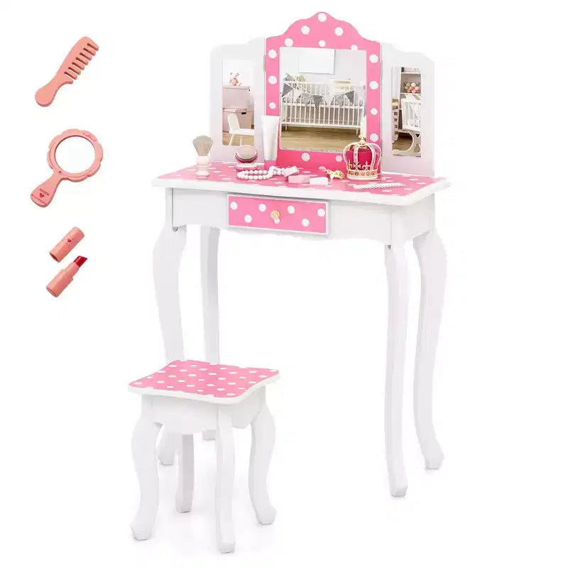 Coiffeuse enfant Costway et ensemble tabouret avec joli motif à pois, miroir triptyque, tiroir Rose et blanc/Rose clair et blanc/Rose et noir/Bleu/Rose