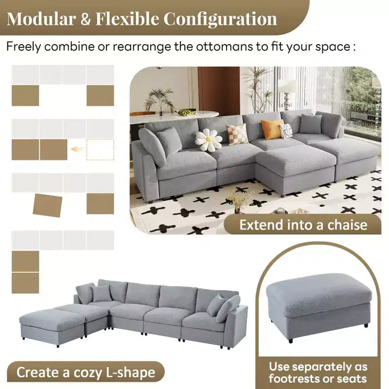 Canapé d'angle modulable 128,2W, ensemble canapé convertible en U avec poufs amovibles 4S - ModernLuxe