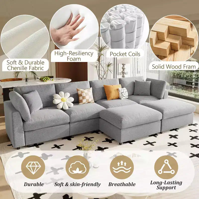 Canapé d'angle modulable 128,2W, ensemble canapé convertible en U avec poufs amovibles 4S - ModernLuxe