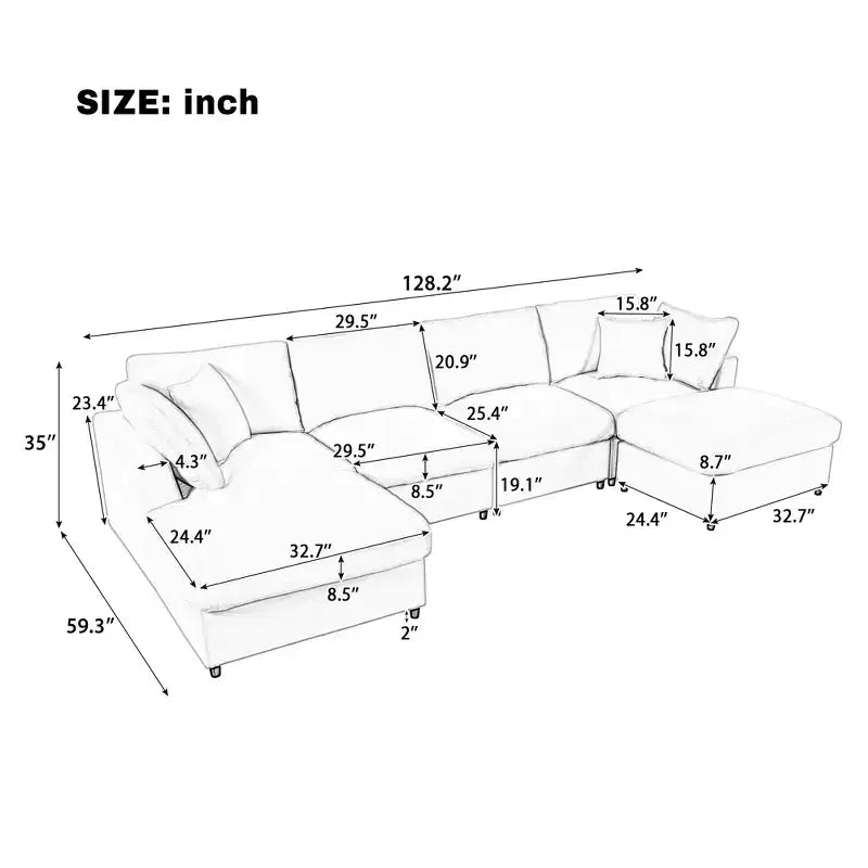 Canapé d'angle modulable 128,2W, ensemble canapé convertible en U avec poufs amovibles 4S - ModernLuxe