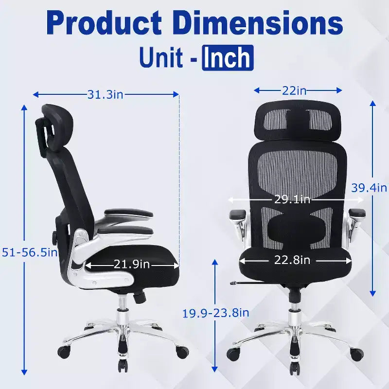 FDW Fauteuil de bureau grand et robuste, chaise de bureau et canapé avec support lombaire, accoudoirs relevables, appuie-tête, chaise ergonomique en maille à dossier haut, Noir