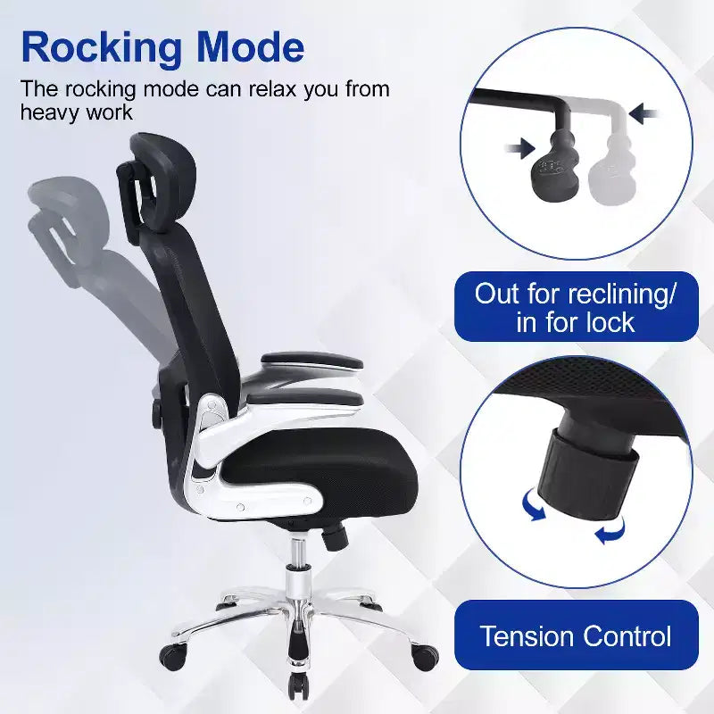 FDW Fauteuil de bureau grand et robuste, chaise de bureau et canapé avec support lombaire, accoudoirs relevables, appuie-tête, chaise ergonomique en maille à dossier haut, Noir