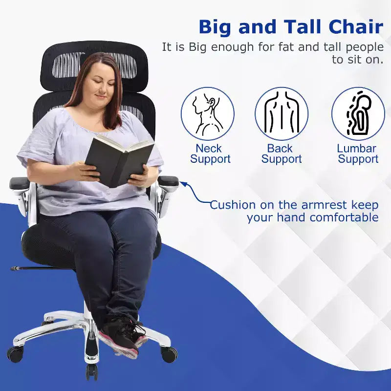 FDW Fauteuil de bureau grand et robuste, chaise de bureau et canapé avec support lombaire, accoudoirs relevables, appuie-tête, chaise ergonomique en maille à dossier haut, Noir