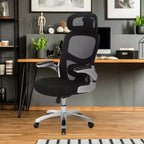 FDW Fauteuil de bureau grand et robuste, chaise de bureau et canapé avec support lombaire, accoudoirs relevables, appuie-tête, chaise ergonomique en maille à dossier haut, Noir