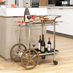 Costway Desserte de bar moderne à 2 niveaux en verre trempé avec 2 grandes roues en aluminium et 2 roulettes, poignée facile à prendre en main, structure en acier inoxydable