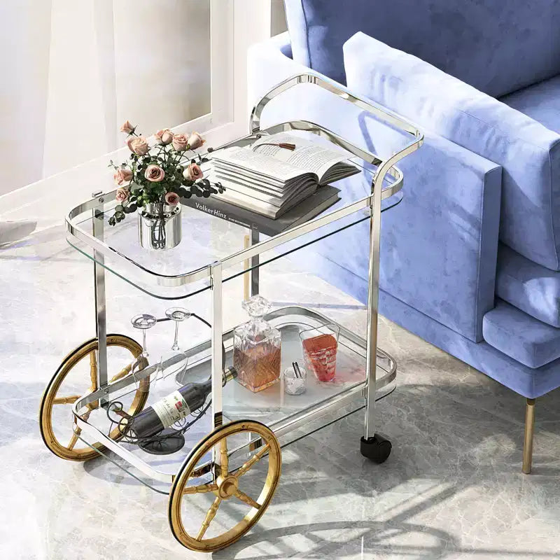 Costway Desserte de bar moderne à 2 niveaux en verre trempé avec 2 grandes roues en aluminium et 2 roulettes, poignée facile à prendre en main, structure en acier inoxydable
