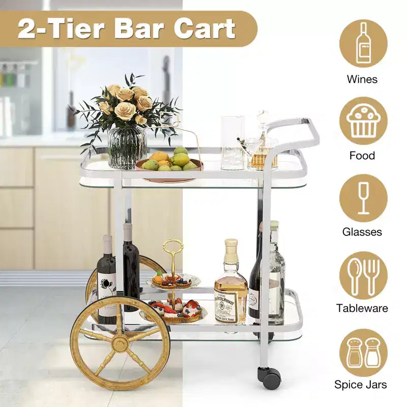 Costway Desserte de bar moderne à 2 niveaux en verre trempé avec 2 grandes roues en aluminium et 2 roulettes, poignée facile à prendre en main, structure en acier inoxydable