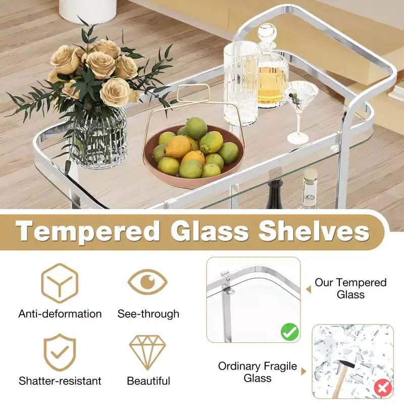 Costway Desserte de bar moderne à 2 niveaux en verre trempé avec 2 grandes roues en aluminium et 2 roulettes, poignée facile à prendre en main, structure en acier inoxydable