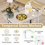 Costway Desserte de bar moderne à 2 niveaux en verre trempé avec 2 grandes roues en aluminium et 2 roulettes, poignée facile à prendre en main, structure en acier inoxydable