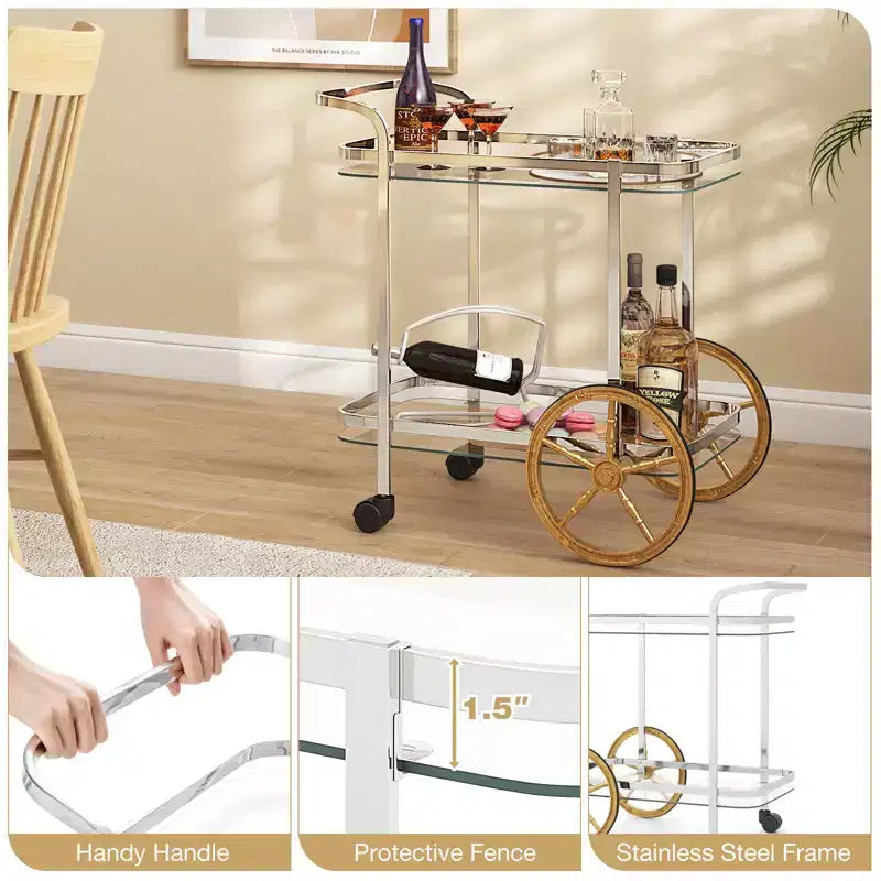 Costway Desserte de bar moderne à 2 niveaux en verre trempé avec 2 grandes roues en aluminium et 2 roulettes, poignée facile à prendre en main, structure en acier inoxydable