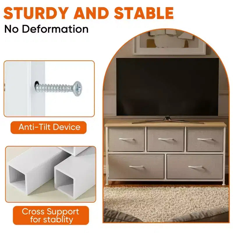 JIONJOY Commode 5 Tiroirs en Tissu Meuble de Rangement Table d'appoint avec Cadre Métallique