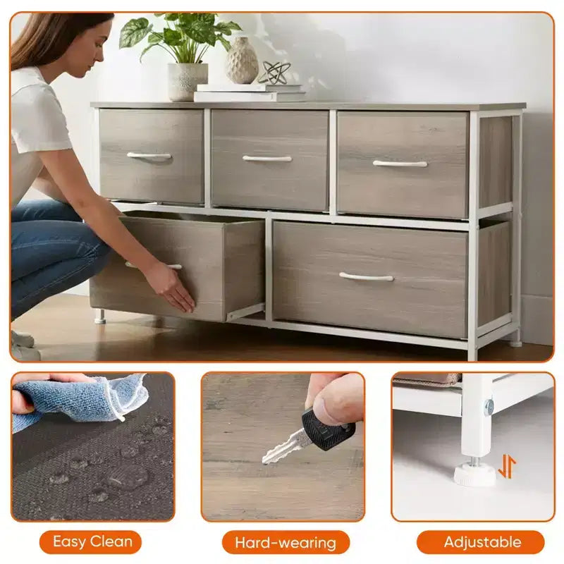 JIONJOY Commode 5 Tiroirs en Tissu Meuble de Rangement Table d'appoint avec Cadre Métallique