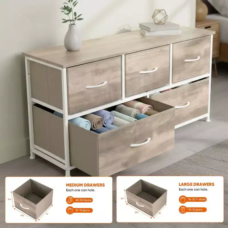 JIONJOY Commode 5 Tiroirs en Tissu Meuble de Rangement Table d'appoint avec Cadre Métallique