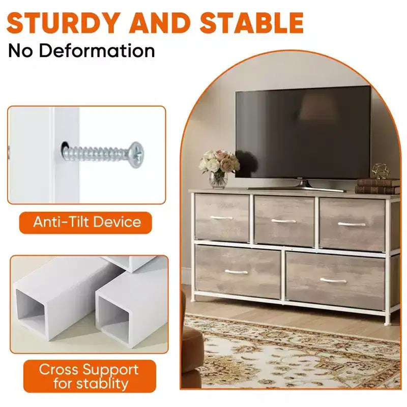 JIONJOY Commode 5 Tiroirs en Tissu Meuble de Rangement Table d'appoint avec Cadre Métallique
