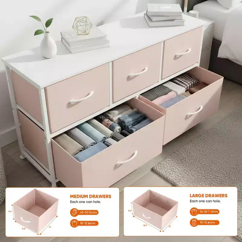 JIONJOY Commode 5 Tiroirs en Tissu Meuble de Rangement Table d'appoint avec Cadre Métallique