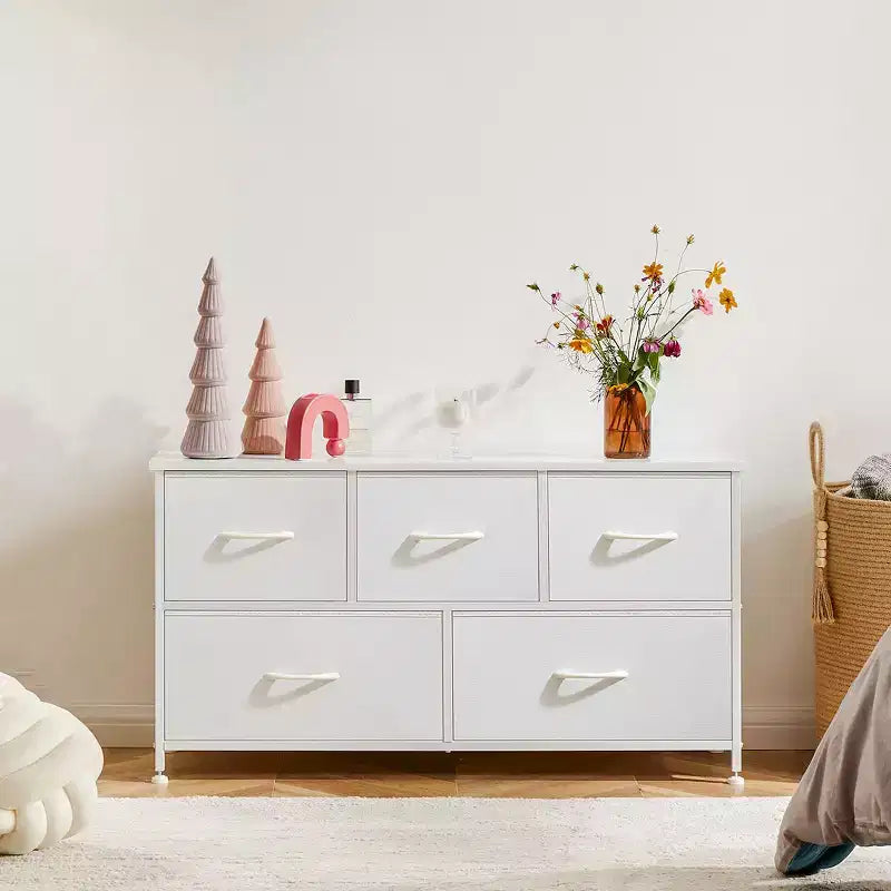 JIONJOY Commode 5 Tiroirs en Tissu Meuble de Rangement Table d'appoint avec Cadre Métallique