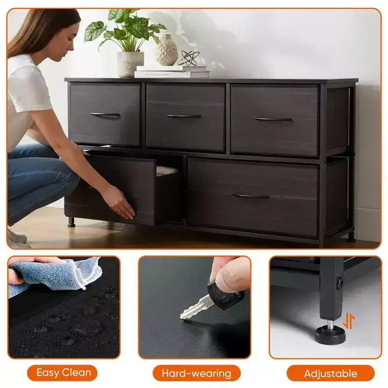 JIONJOY Commode 5 Tiroirs en Tissu Meuble de Rangement Table d'appoint avec Cadre Métallique