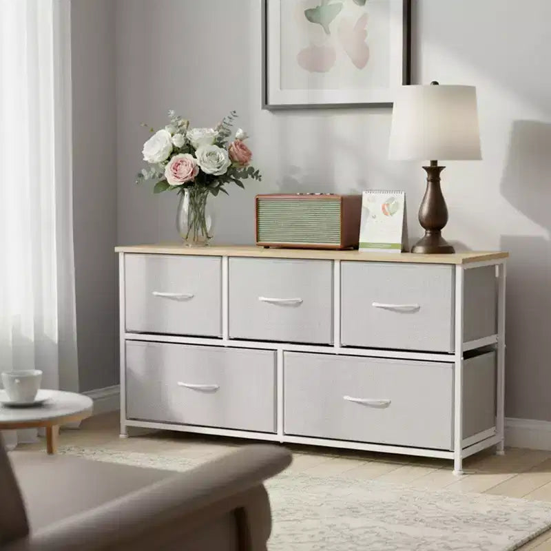 JIONJOY Commode 5 Tiroirs en Tissu Meuble de Rangement Table d'appoint avec Cadre Métallique