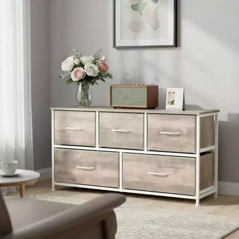 JIONJOY Commode 5 Tiroirs en Tissu Meuble de Rangement Table d'appoint avec Cadre Métallique