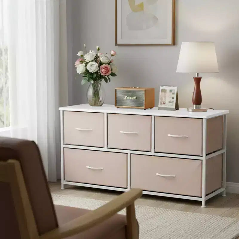 JIONJOY Commode 5 Tiroirs en Tissu Meuble de Rangement Table d'appoint avec Cadre Métallique