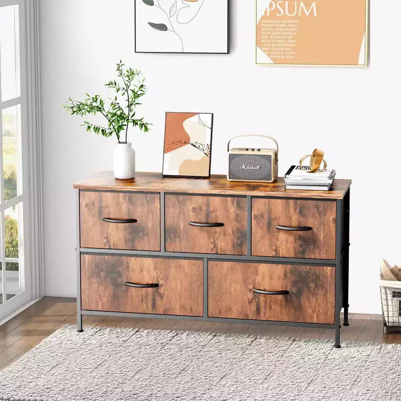 JIONJOY Commode 5 Tiroirs en Tissu Meuble de Rangement Table d'appoint avec Cadre Métallique