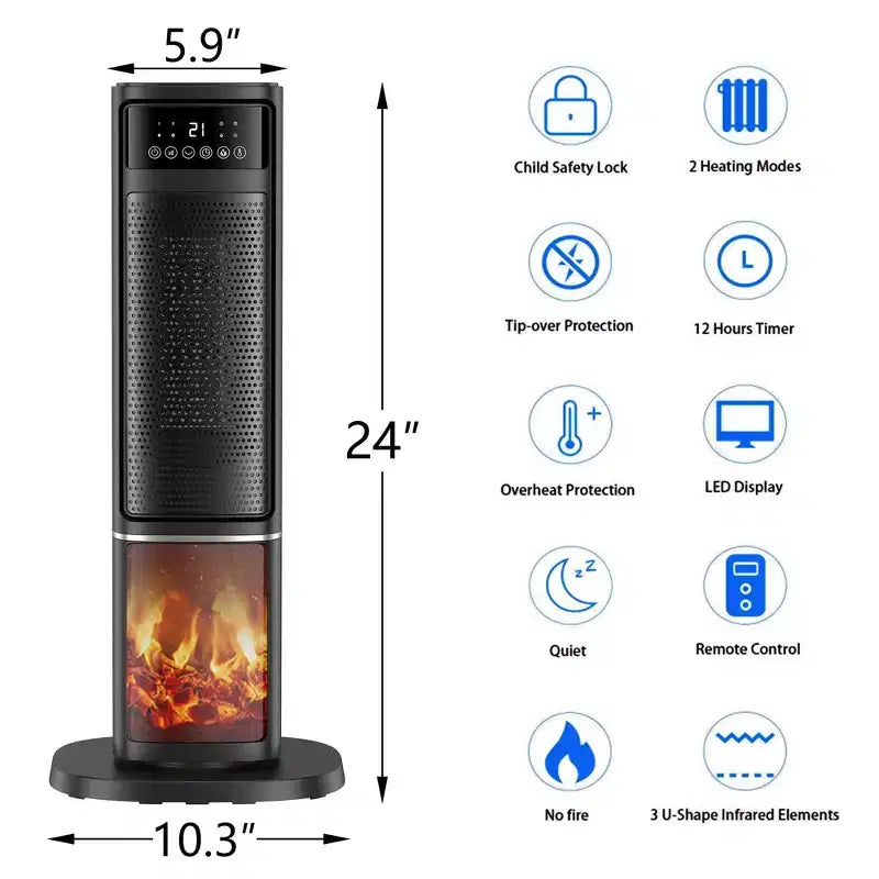Chauffage soufflant céramique électrique 1500W avec télécommande et affichage LED, noir