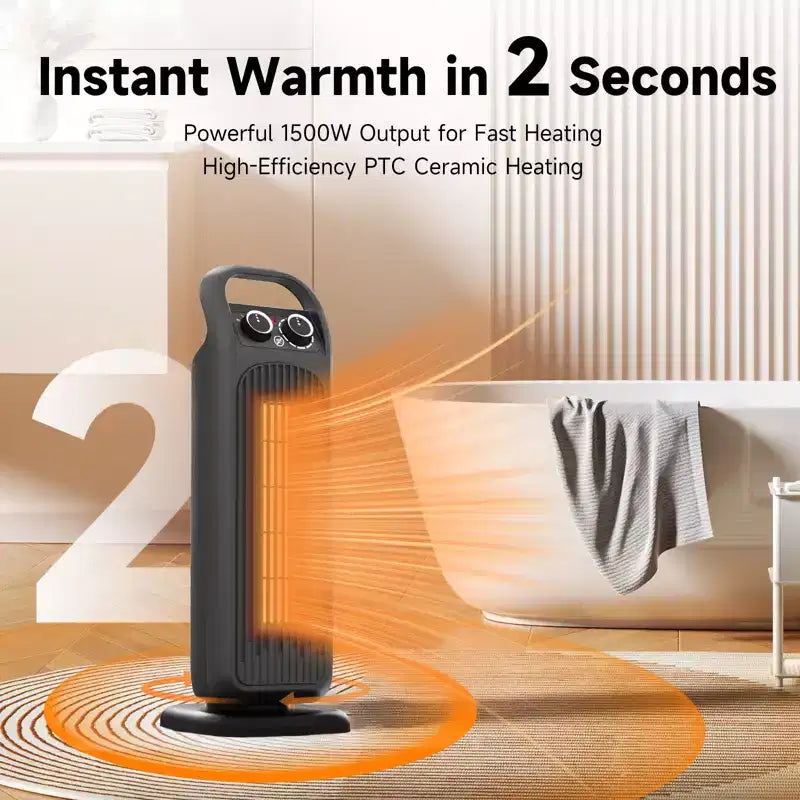 Chauffage soufflant colonne en céramique PTC 1500W avec oscillation, minuterie et télécommande pour usage intérieur