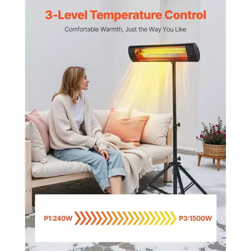 Chauffage électrique infrarouge de 1500 W avec télécommande et écran LED, noir