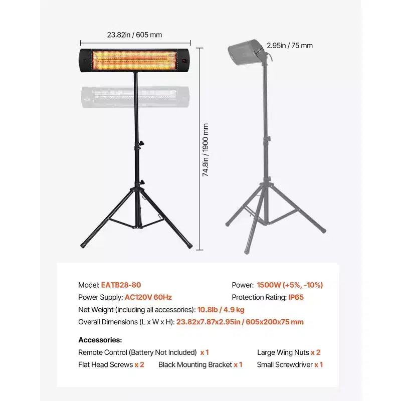 Chauffage électrique infrarouge de 1500 W avec télécommande et écran LED, noir