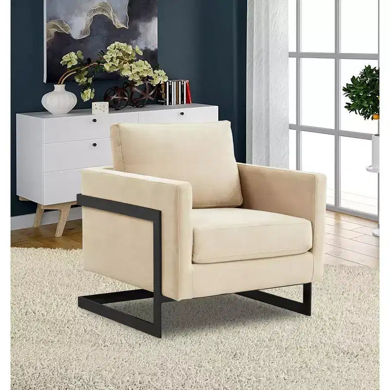 Fauteuil d'appoint LeisureMod Lincoln en velours, cadre en acier noir