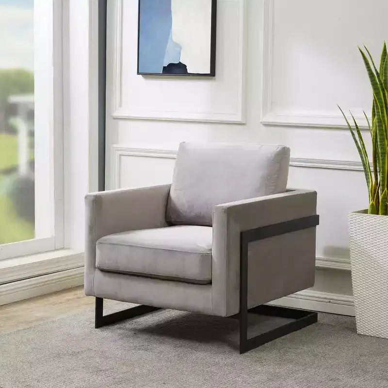 Fauteuil d'appoint LeisureMod Lincoln en velours, cadre en acier noir