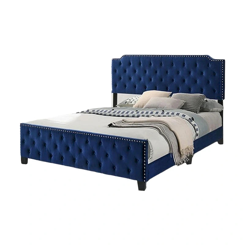 Lit Californian King, capitonné, clous décoratifs, revêtement en tissu bleu marine