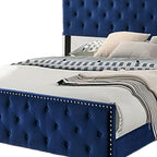 Lit Californian King, capitonné, clous décoratifs, revêtement en tissu bleu marine