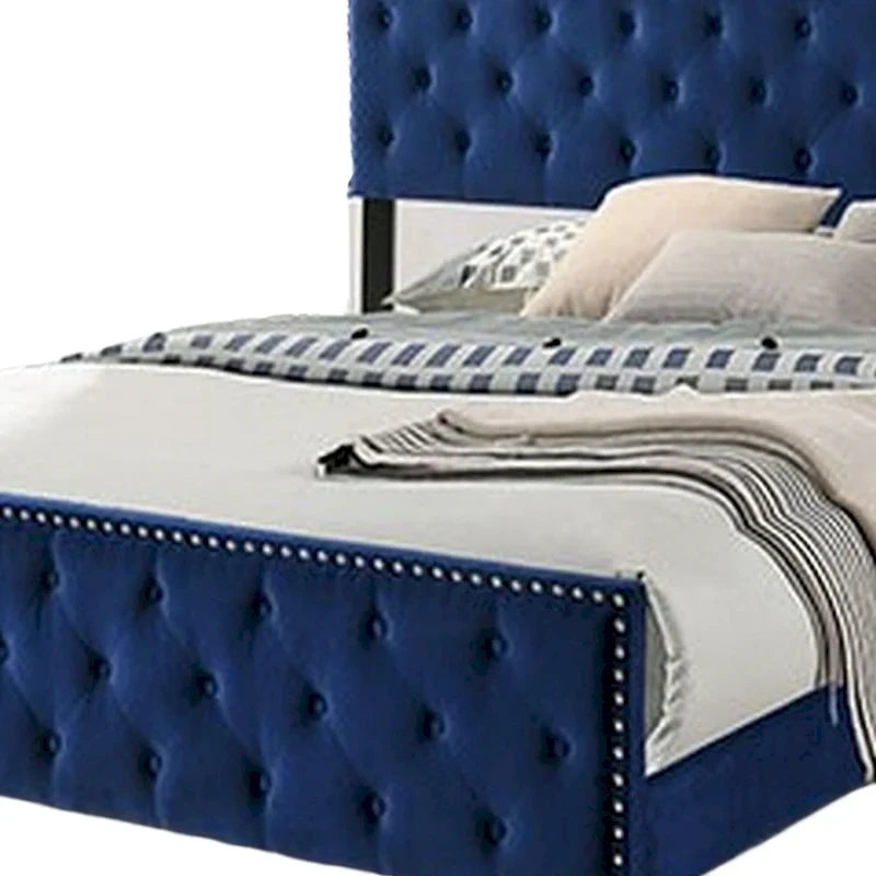 Lit Californian King, capitonné, clous décoratifs, revêtement en tissu bleu marine