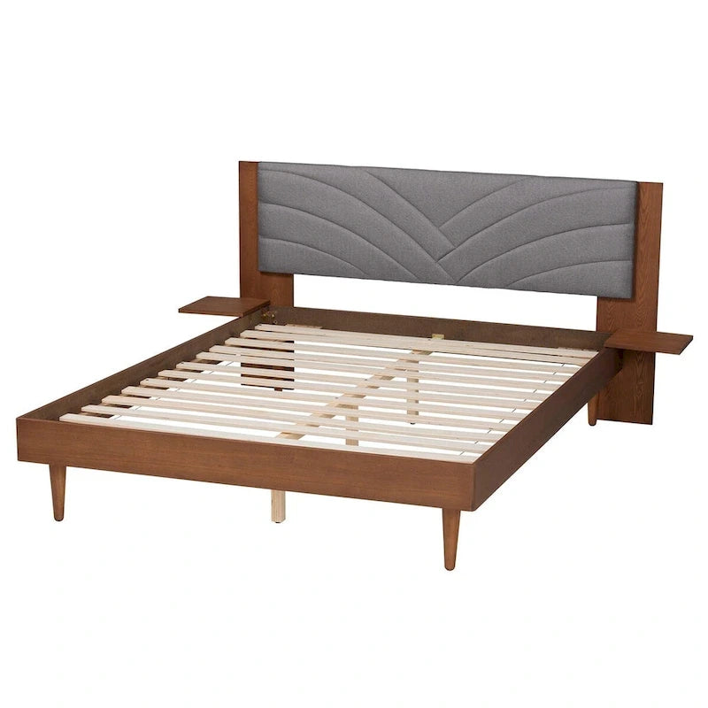 Lit plateforme queen en tissu gris et bois de noyer de style moderne du milieu du siècle avec table de chevet flottante
