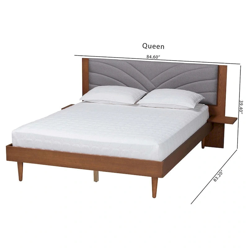 Lit plateforme queen en tissu gris et bois de noyer de style moderne du milieu du siècle avec table de chevet flottante