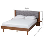Lit plateforme queen en tissu gris et bois de noyer de style moderne du milieu du siècle avec table de chevet flottante