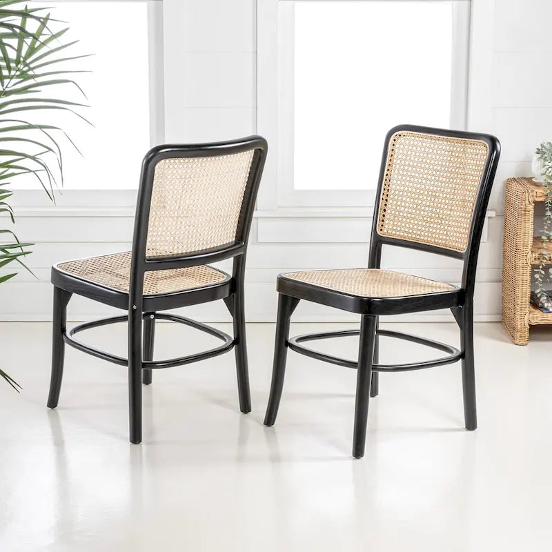 Chaise de salle à manger vintage en bois et rotin du milieu du siècle, Naturel (Lot de 2)