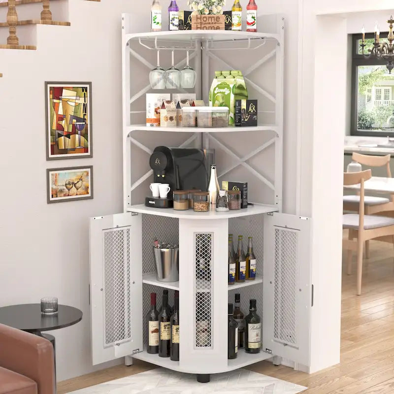 Meuble d'angle de bar avec station de charge et lumière d'ambiance, étagères de rangement pour liqueurs avec porte-verres - Marron