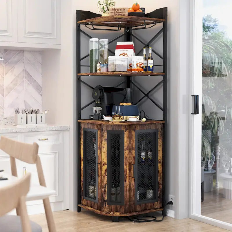 Meuble d'angle de bar avec station de charge et lumière d'ambiance, étagères de rangement pour liqueurs avec porte-verres - Marron