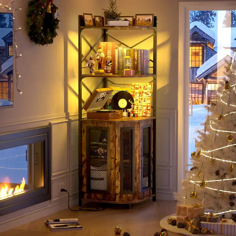 Meuble d'angle de bar avec station de charge et lumière d'ambiance, étagères de rangement pour liqueurs avec porte-verres - Marron