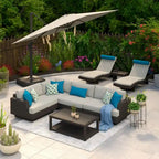 Portofino Comfort 9 Piece Sunbrella Outdoor Patio Sectional Seating & Dining Set With Umbrella